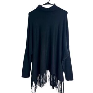 Cyrus Black Fringe Poncho Sweater